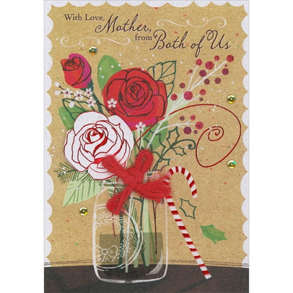 Designer Greetings Chalk Lined Jar, Red Bow, Die Cut 3D White Rose, Red Roses and Candy Cane Hand Decorated Christmas Card for Mother from Both of Us