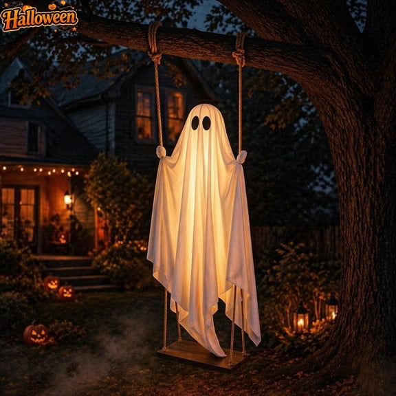 Light Up Swing Hanging Ghost Halloween Outdoor Decorations, Remote Control 8 Lighting Modes Soft Fabric Glowing Ghost Ornament, Spooky Prop For Tree Branch Porch Patio Yard Halloween Party Decor