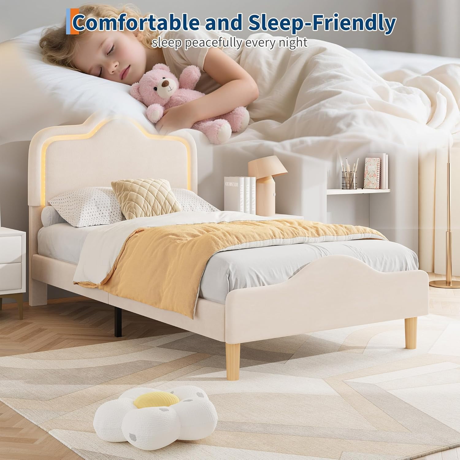 Twin Size Upholstered LED Bed Frame with Adjustable Headboard and Footboard, Velvet Princess Platform Bedframe /, Wooden Slats Support, No Box Spring Needed, Easy Assembly, Beige