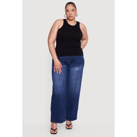 Women's Plus Size Compression Rib High Neck Tank Top