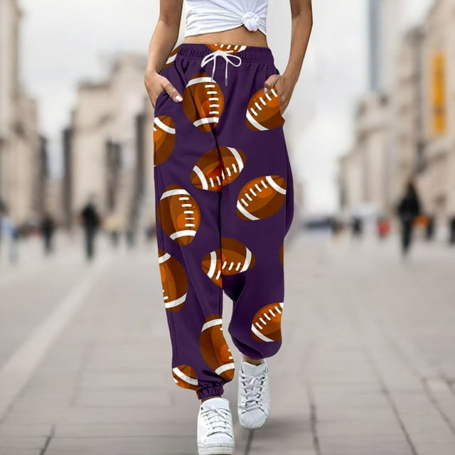 MKLEKYY Vêtements d'Automne pour Femmes Pantalon de Rugby Imprimé Poches Lâches Sangle Cheville Taille Haute Pantalon de Survêtement Décontracté Pantalon Randonnée Homme