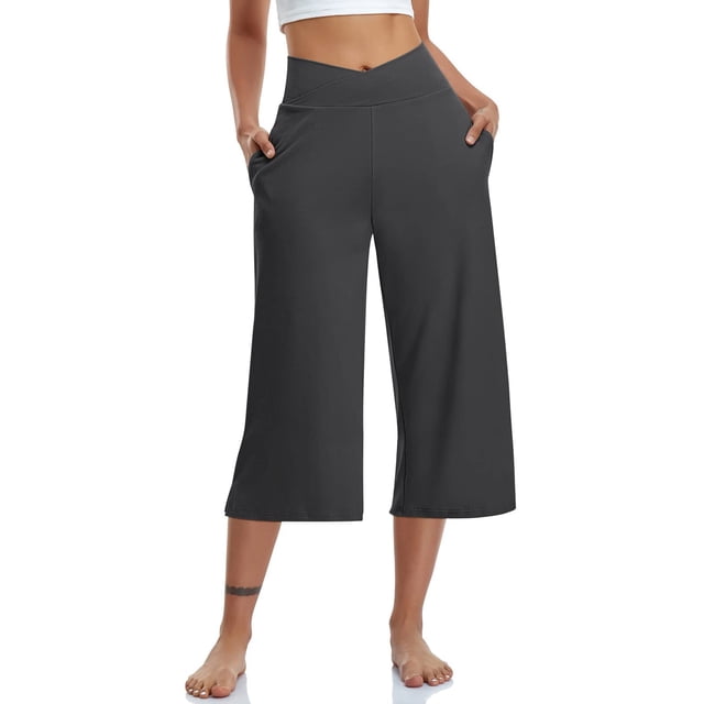 mujer elástico cintura alta 3/4 pantalón casual ajuste activo pantalones anchos capris pierna pantalones con bolsillos gris oscuro / l