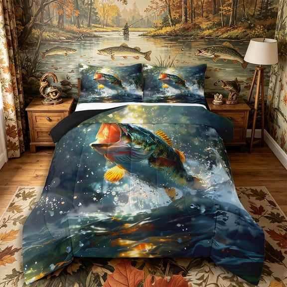Castle Fairy Photoreal Wild Bass Full Size Comforter Sets 3-Piece,Sunlit Forest Pond Graphic Bedding Comforter Set,Green Amber,Black Reversible,1 Comforter and 2 Pillowcases