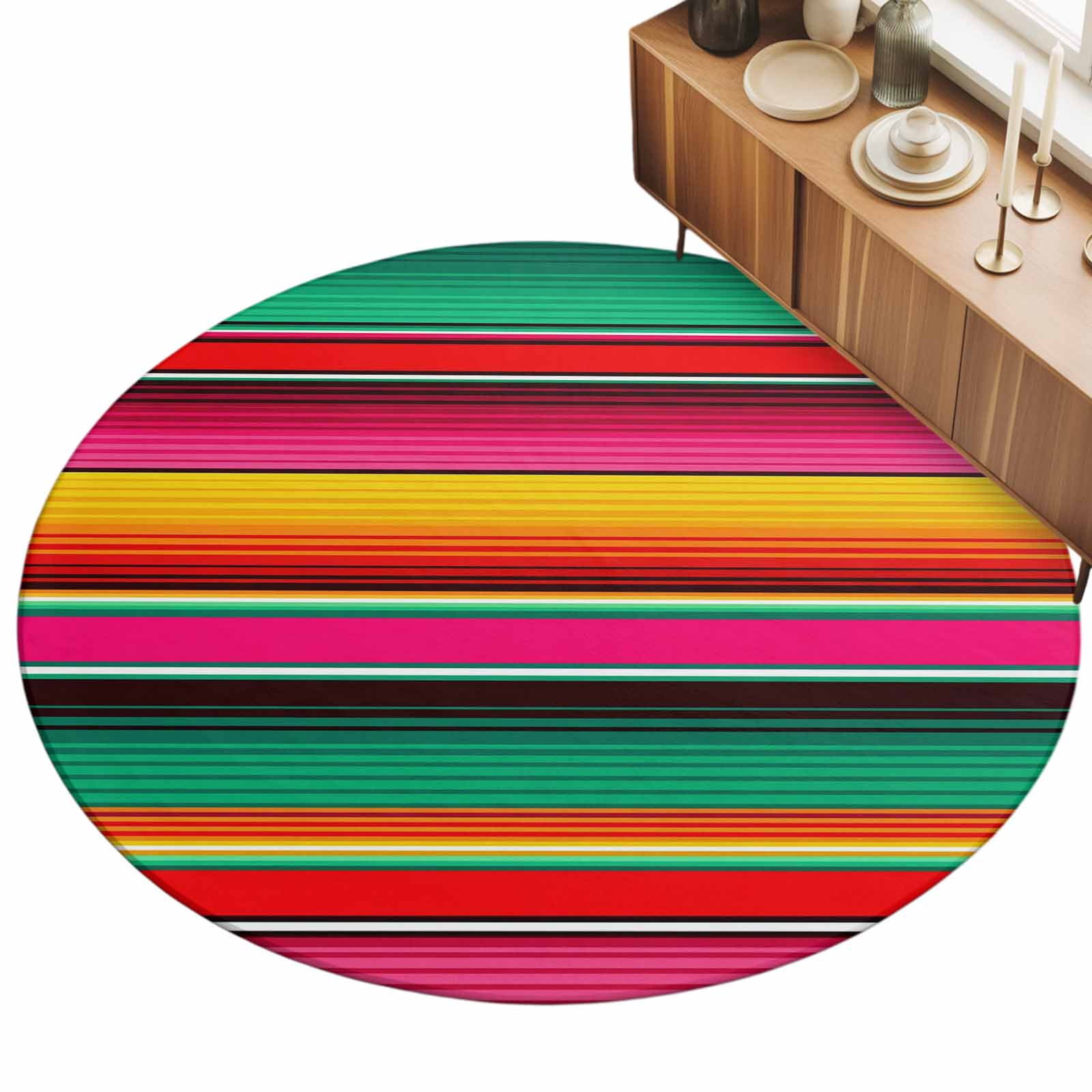 Round Area Rugs 7Ft, Mexican Style Non-Slip Washable Circle Rugs Carpet, Colorful Mexico Stripes Green Red Indoor Outdoor Rug Floor Mats Throw Runner for Bedroom Living Room Bathroom