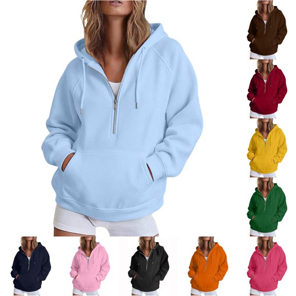 Huowey Womens Sweatshirt Cozy Casual Half Zip Hoodie With Pocket Lightweight Solid Color Long Sleeve For Everyday Wear Fall Clothes,Sky Blue,XXL