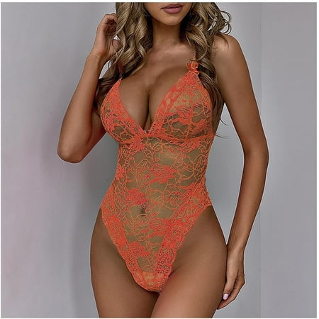 

Juebong Womens Plus Size Clearance $5 Women s Sexy Flower Lace Bow One-Piece Sexy Lingerie Pajamas Bodysuit Orange XL