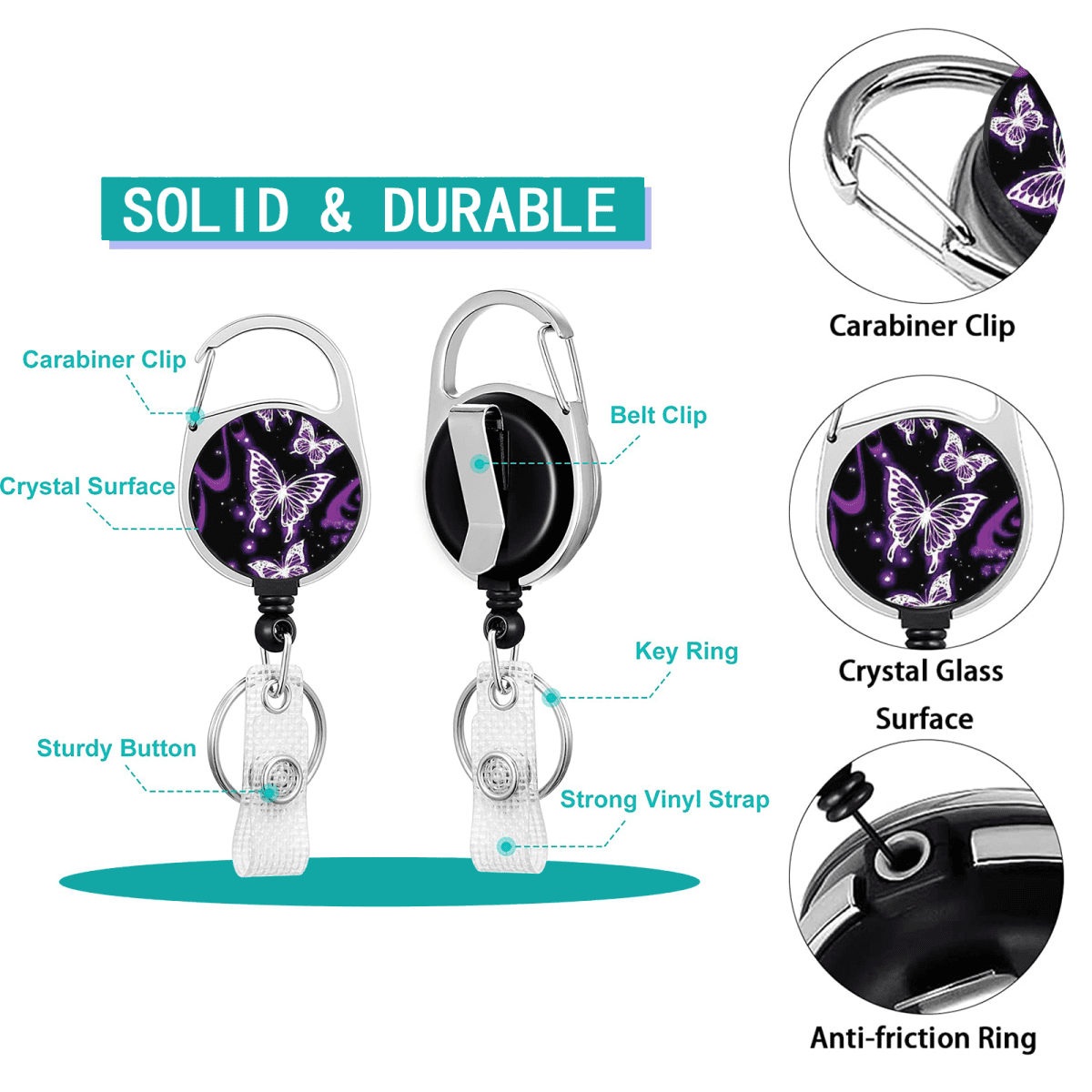 Butterfly ID Badge Holder with Lanyard Retractable Badge Reel Belt Clip,Cute Id Card Badge Case Heavy Duty with Carabiner Clip ane Keychain for Women Nurse Teacher Student Offfice