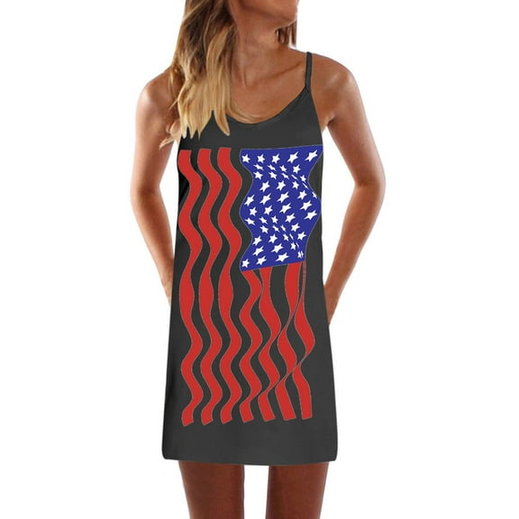 Summer Saving Wycnly Summer Dresses for Women Independence Day 4th of July Spaghetti Strap Dresses 2024 Casual Sleeveless V-Neck USA Flag Print Mini Dress Dark Blue s