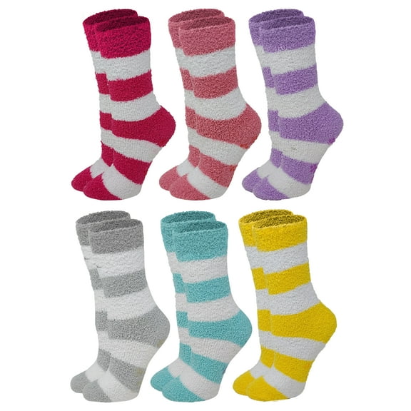 6 Pairs Women's Premium Soft Warm Winter Plush Non-Skid Cozy Slipper Striped Socks One Size