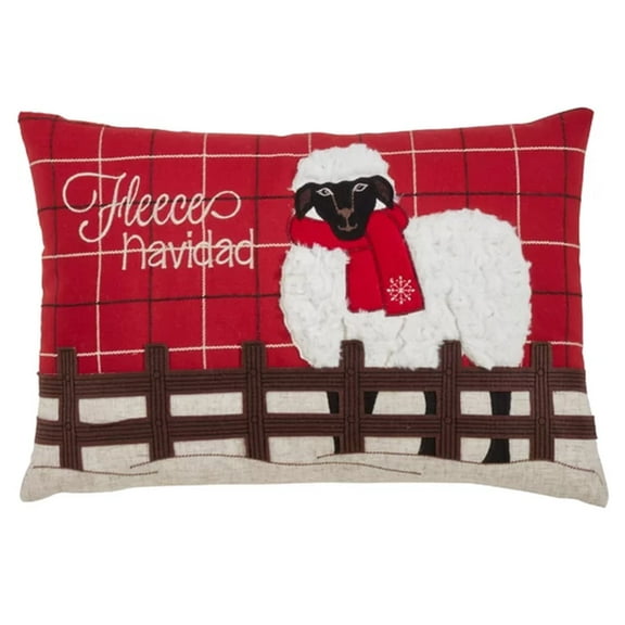 Fennco Styles Christmas Plaid Sheep Applique Decorative Throw Pillow Cover & Insert 13 x 20 Inch - Red Holiday Pillow for Couch, Living Room and Bedroom Décor