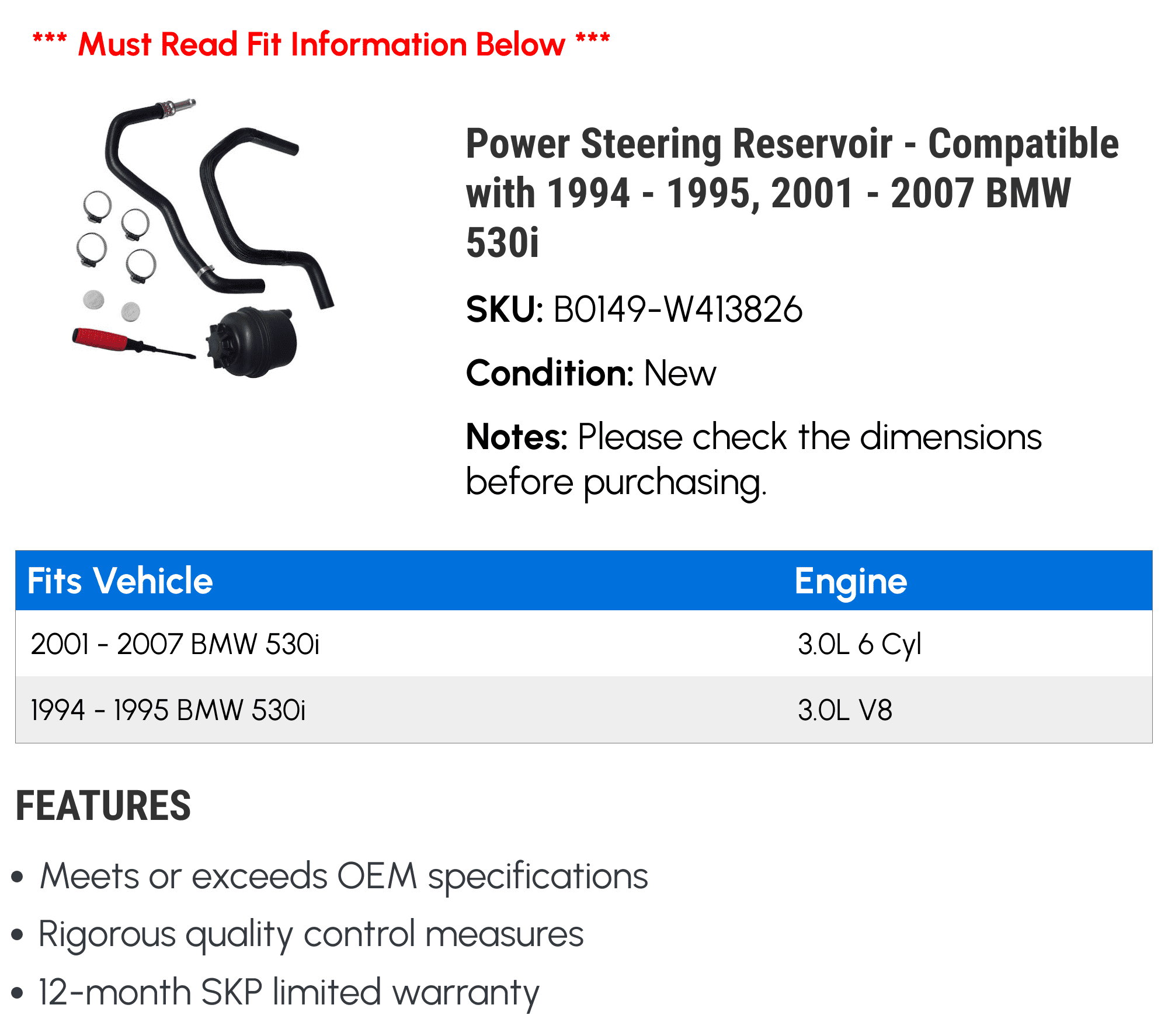 Power Steering Reservoir - Compatible with 1994 - 1995, 2001 - 2007 BMW 530i 2002 2003 2004 2005 2006