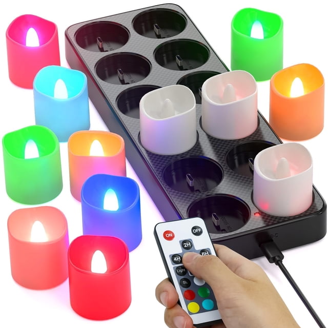 SoulBay Flameless Candles Color Changing Rechargeable, 12pcs LED Flickering Tea Lights Votives Candle with Charging Base & Remote Timer for Room