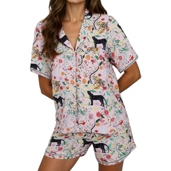 Pajama Set Women Trendy Silk Satin Short Sleeve Button Top Shorts Women Sleepwear,Pink-1,L