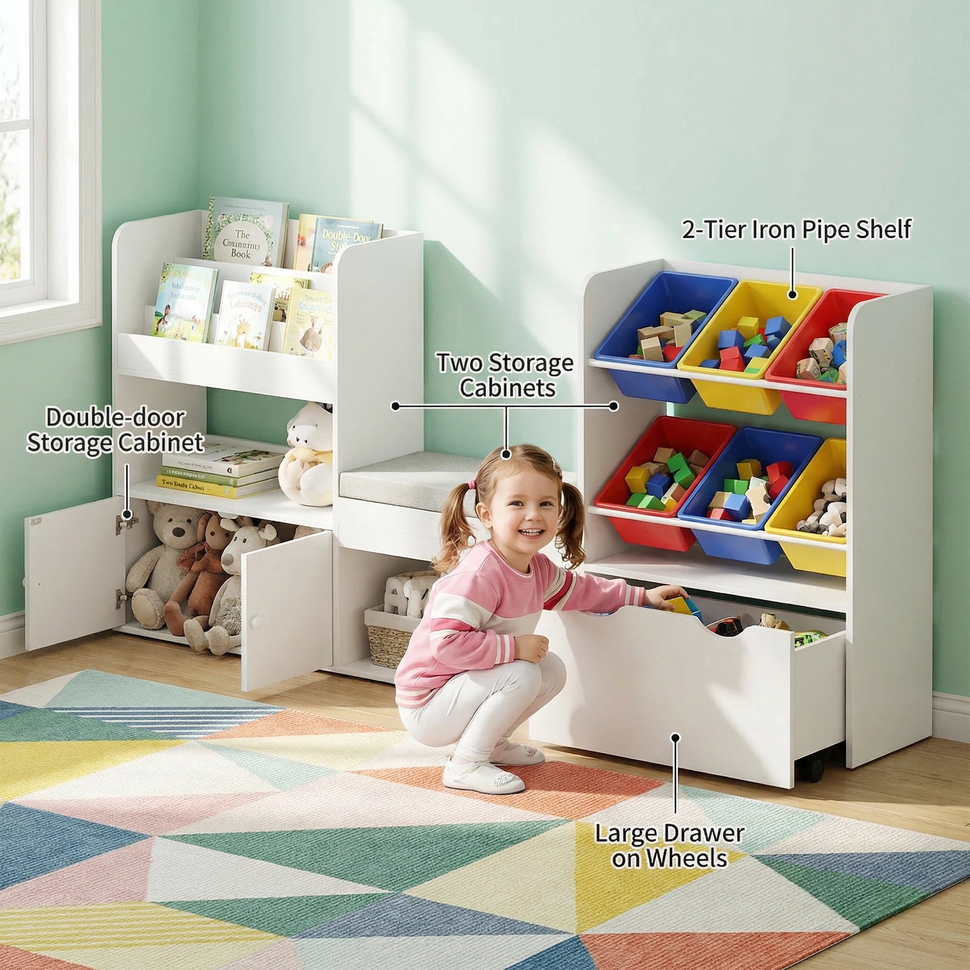 Reasea Kids Bookshelf with Reading Nook & Storage Bench, 73 Inch Toy Organizer with Movable Drawer & 6 Removable Bins, Montessori Reading Corner Furniture(Colorful Toy Bins)