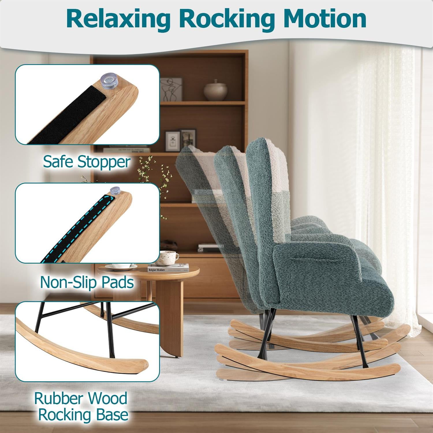 Spaco Ergonomic Nursery Rocking Chair, Boucle Fabric Upholstery, Rubber Wood Base, Convenient Side Pockets, Turquoise & White