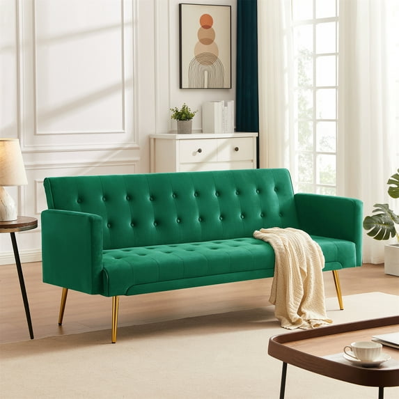 uhomepro Velvet Sofa Bed, Convertible Folding Upholstered Futon Couch for Living Room Bedroom, Green