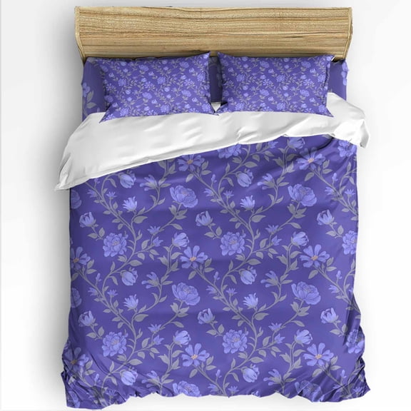 Retro Pink Flower Full Size Comforter Set, Purple Blue Leaf Plant Country Watercolor Soft Bedding for All Seasons, 4 Pcs Bed Set with 1Comforter (86"x86") ,1 Sheet(80"x116"), 2 Pillowcases (19"x29")