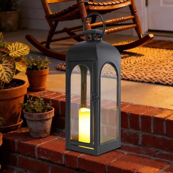 20.86" Large Black Metal Lantern with Remote Controlled LED Candle – Flameless Vintage Decor for Patio, Porch, Garden & Indoor Home