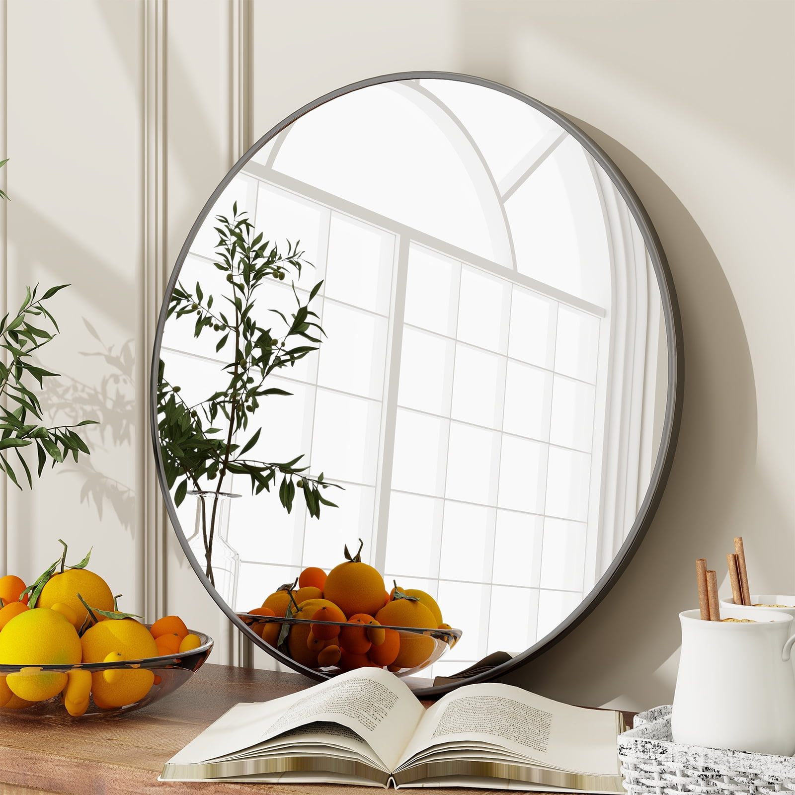BEAUTYPEAK 24" Bathroom Mirror Wall Mirror Classic Round Mirror Hanging Leaning, Black