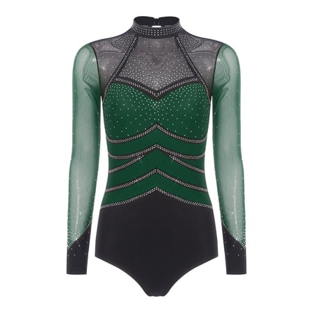 Aislor Womens Sheer Mesh Rhinestones Gymnastics Leotard Long Sleeve Ballet Dance Bodysuit Stage Dancewear Dark Green L
