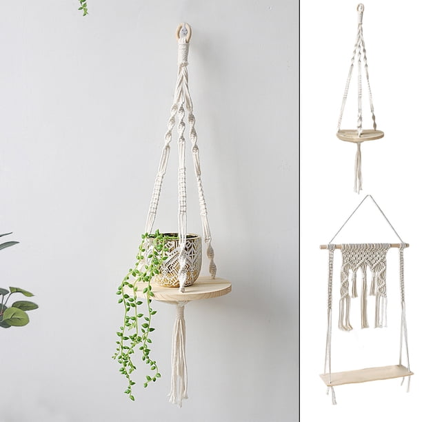 Estante de plantas colgante tejido | Estante de exhibición de maceta de madera flotante para plantas y flores de interior | Beige 22.8x13.7in | Soporte para macetas que ahorra espacio | Colgador de