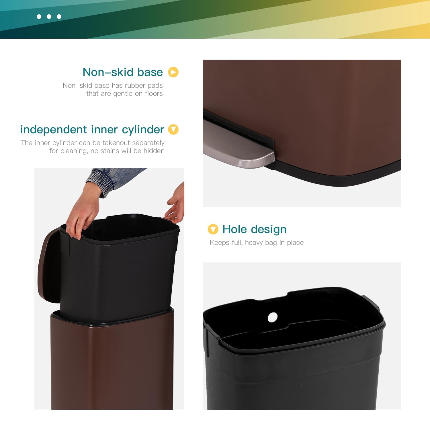 NiamVelo 13 Gallon Kitchen Trash Can with Lid, Metal Step on Trash Can Stainless Steel Trash Can Touchless Garbage Bin for Office Bedroom Bathroom , Brown