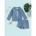 thumbnail image 2 of Qtinghua Infant Toddler Baby Boy Girl Swimwear Front Zipper Long Sleeve Tops + Swim Shorts Swimsuit Beach Wear Blue 18-24 Months, 2 of 9