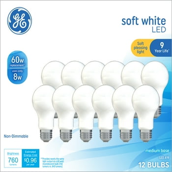 GE Soft White LED Light Bulbs, 60 Watt Eqv, A19 General Purpose, 9yr, 12pk