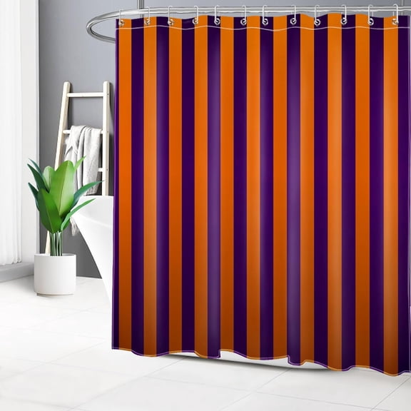Orange Halloween Shower Curtain Decor,Modern Minimalist Vertical Striped Purple and Orange Shower Curtain for Bathroom 72X84 inch Polyester Fabric Bathroom Decoration Bath Curtains Hooks Included