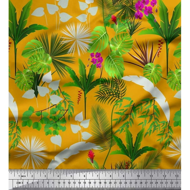 Soimoi Tissu Poly Georgette Orchidée, Palmier & Monstera Imprimé Tropical au Mètre 42 Pouces de Large