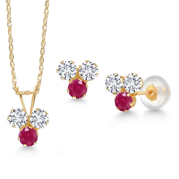 Gem Stone King 14K Yellow Gold White Lab Grown Diamond and Red Ruby 3 Stone Pendant and Earrings Jewelry Set for Women (1.07 Cttw, Round 3MM, with 18 inch Chain)