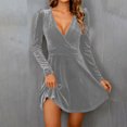 thumbnail image 5 of Byworldtasic Women's V Neck Velvet Midi Dress Long Sleeve Formal Cocktail Dress High Waist A-Line Flowy Dress for Wedding Guest, 5 of 7