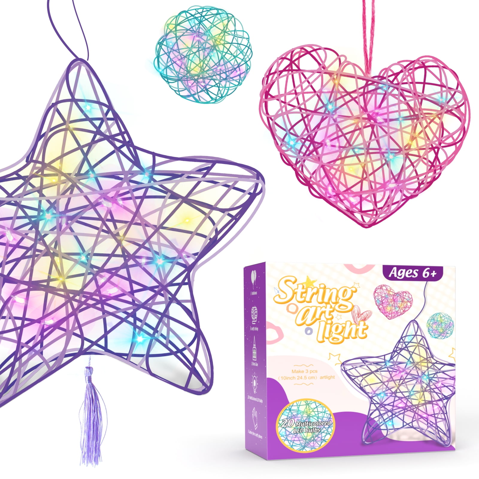 Seckton Arts and Crafts for Kids Ages 6-12, 3 Pack 3D String Art Kit for Girls,Christmas Birthday Gifts for 8-12 Year Old Girls and Boys Heart Star Round Lantern 20 Multi-Colored LED Bulbs
