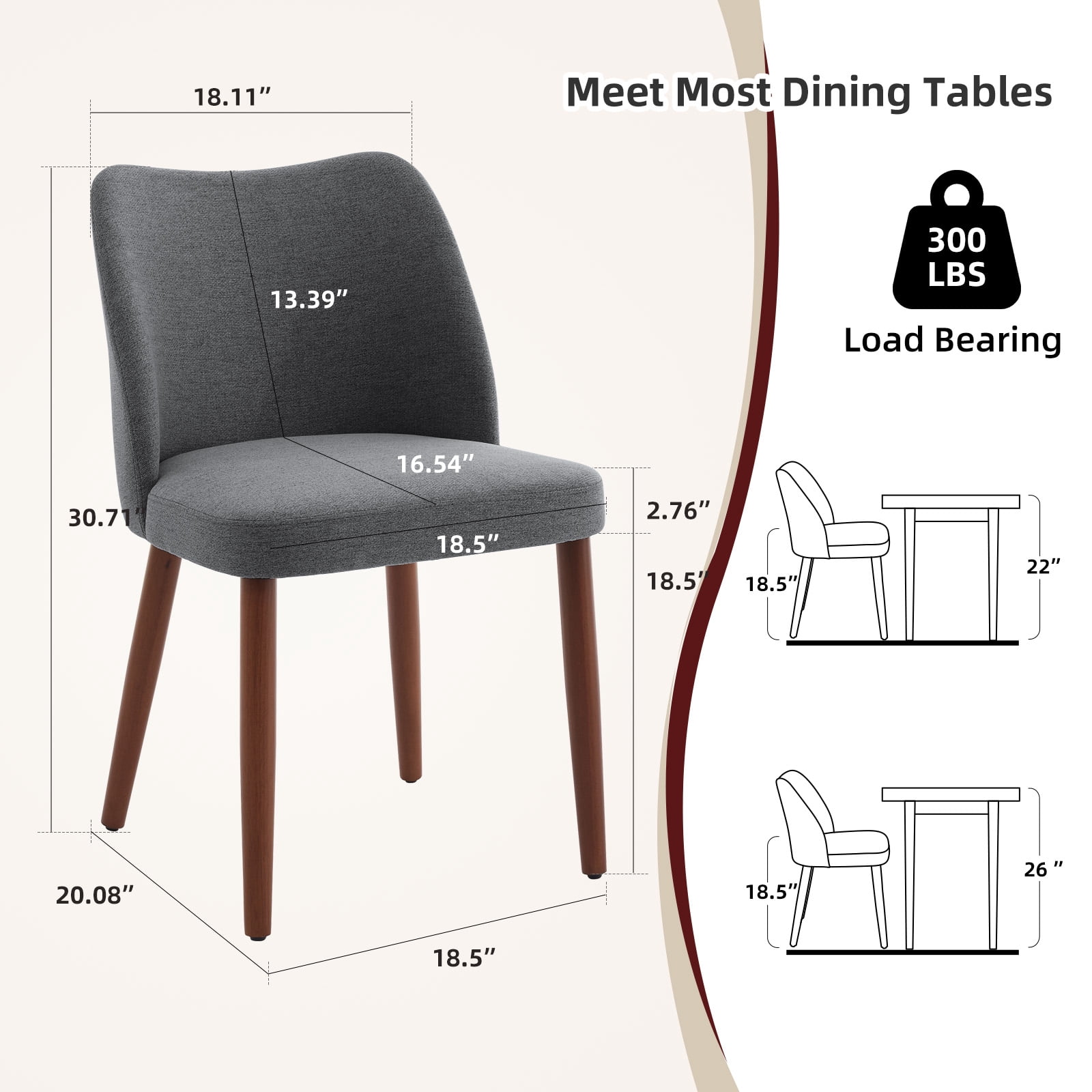 OUTGOODS Set of 2 Modern Dining Chairs, Linen Upholstered, Wood Legs