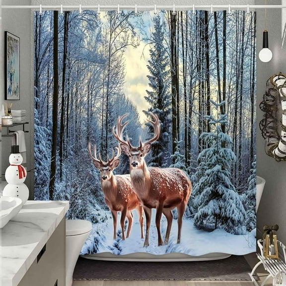 Winter Snow Forest Shower Curtain, Christmas Pine Tree Deer Snowflake Shower Curtain for Bathroom, Xmas Holiday Decor Rustic Farmhouse Waterproof Fabric Set with Hooks, 72X72in