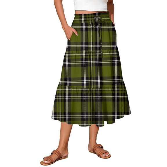 Ladies' Casual Plaid Print Elastic Waist Drawstring Midi Skirt Army Green L