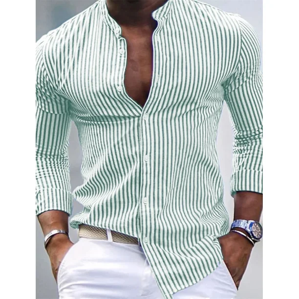 Camisa de playa informal con botones para hombre, de color rosa, azul y verde, de manga larga a rayas, cuello alto, ropa hawaiana Vaion, blusa estampada