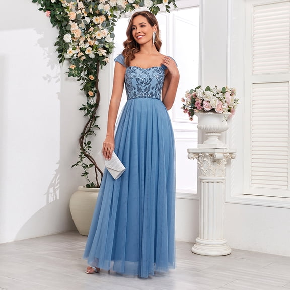 Beauty-Emily Women Cap Sleeve Sequin Embellished Tulle Long Dress, Flowy Floor Length Formal Maxi Gown for Bridesmaid & Wedding Events