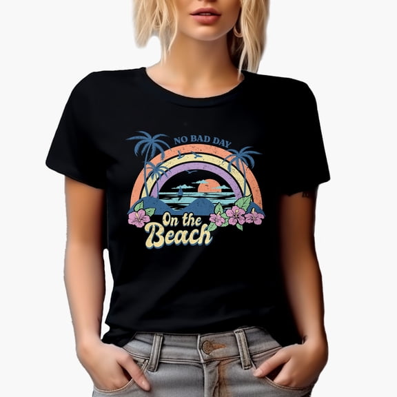 Distressed No Bad Day on the Beach, Retro Tropical & Summer Art Merch Gift, Black T-Shirt, Small