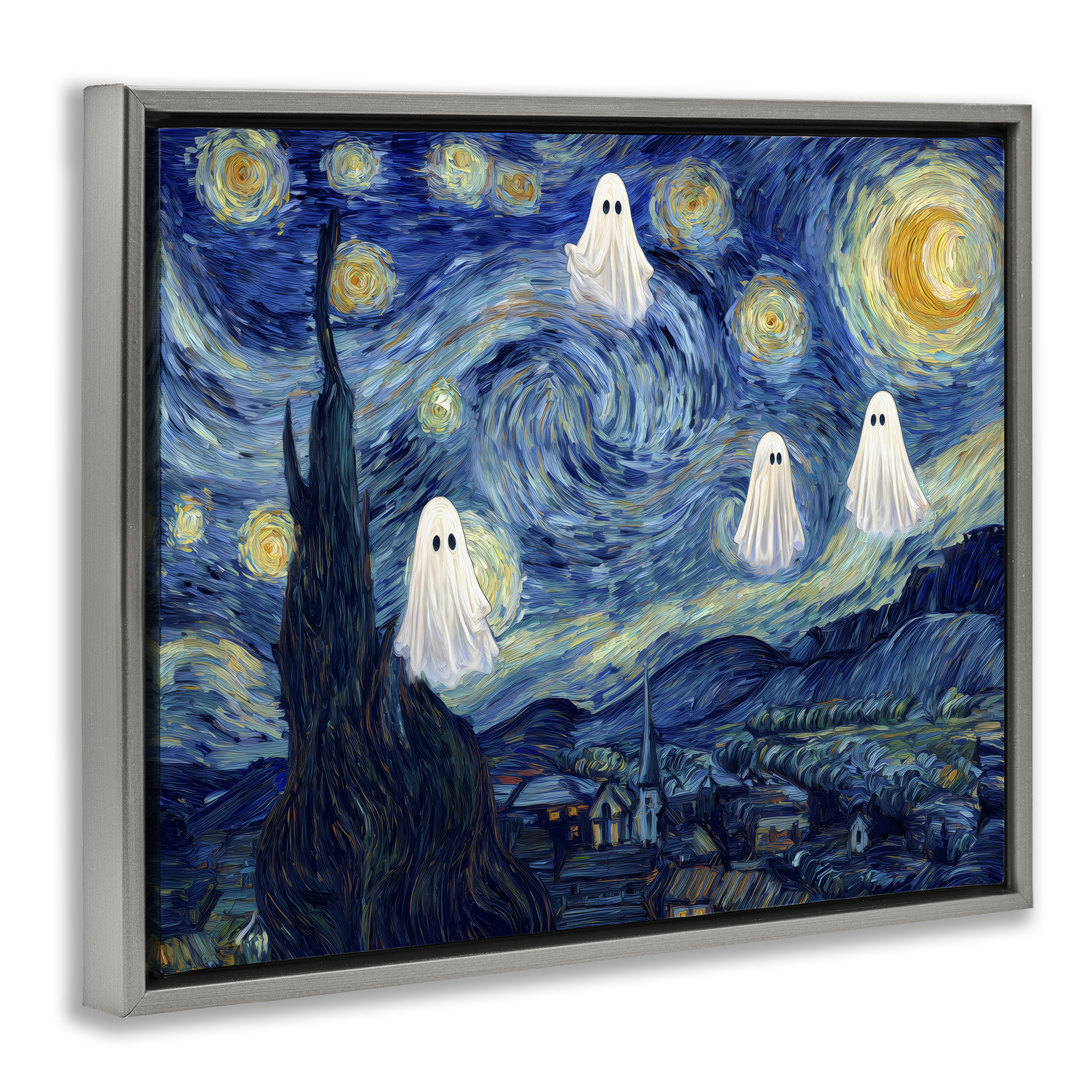 Classic Night Ghosties Gray Framed Floater Canvas Wall Art, design by Arlington Prints