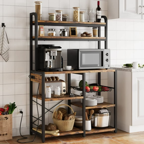 Bakers Rack with Power Outlet, Coffee Bar with Wire Drawer, Industrial Microwave Stand, Kitchen Buffet Table with Large Storage, 6-Tier Kitchen Storage Rack with Hutch
