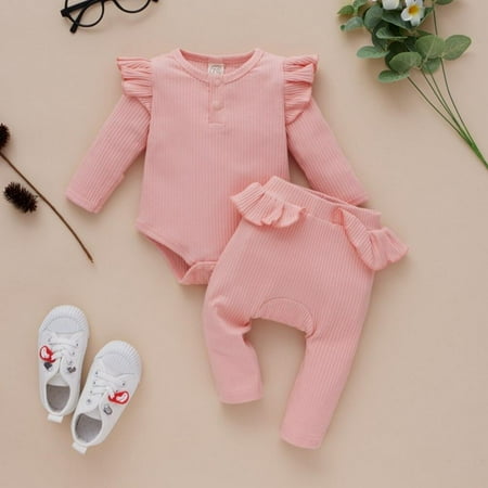 

Leonard 2PCS Baby Girls Outfits Set Flying Sleeves Pit Strip Solid Color Romper +Pants Infant Girls Clothing Autumn Clothes