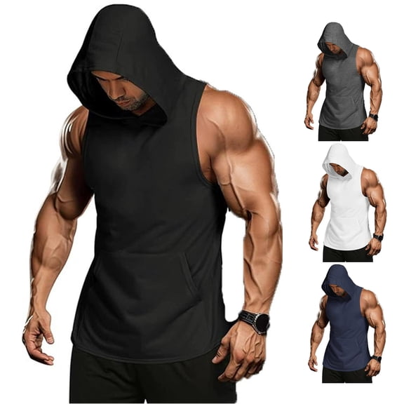 CONZONE Mens Workout Hoodies Sleeveless Hooded Sweatshirts For Men Solid Color Cozy Fall Pullover Mens Hoodies With Pocket