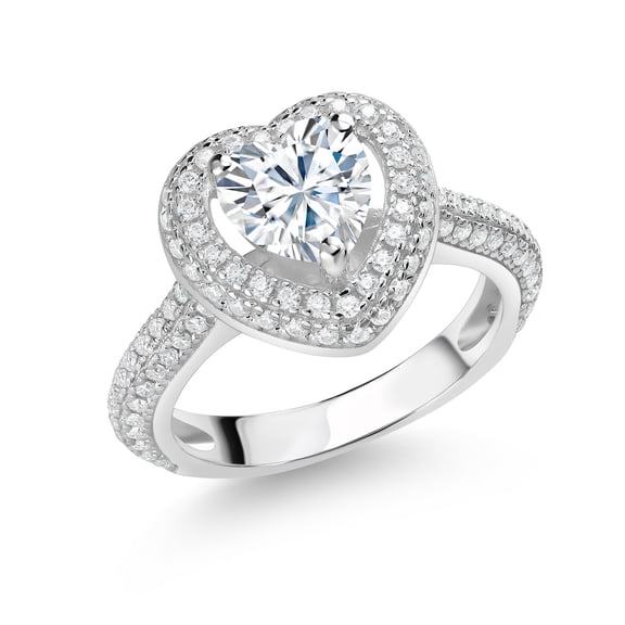 Gem Stone King 925 Sterling Silver White Moissanite Heart Engagement Ring for Women (1.70 Cttw, Gemstone, Heart Shape 6.5MM, Size 9)