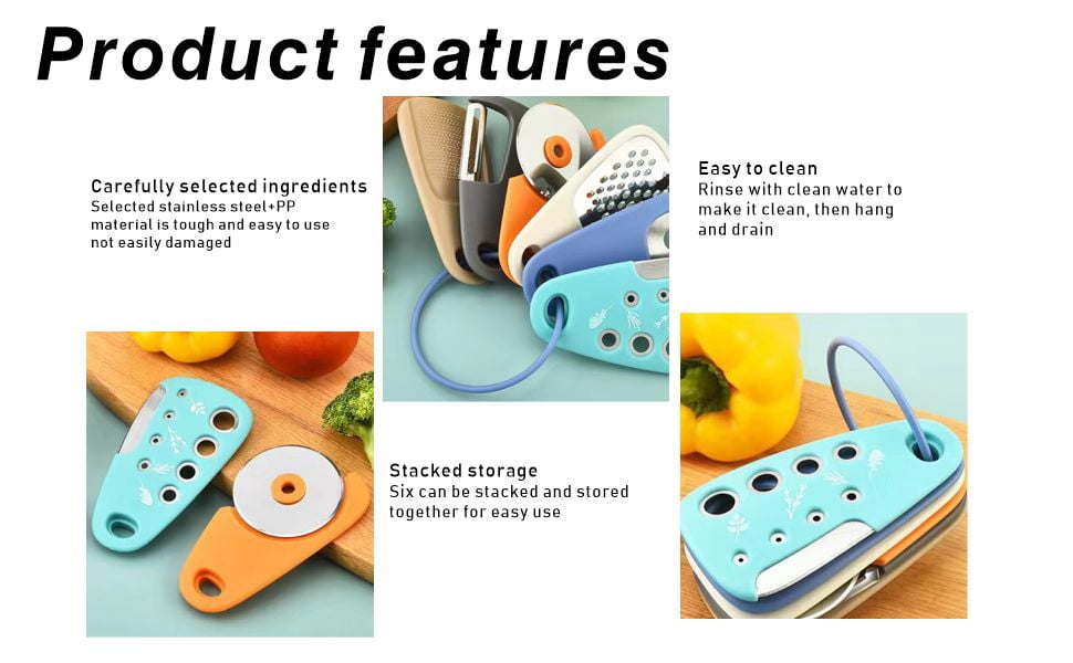 6-in-1 Kitchen Gadget Set - Vegetable Peeler, Pizza Cutter, Cheese Grater, Garlic Press, Bottle Opener & Herb Chopper, Multifunctional Cooking Tools