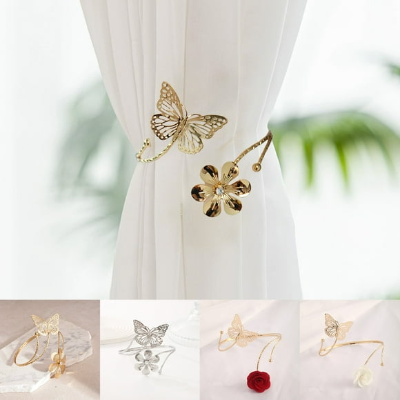 Jiaeri Metal Curtain Tie Back Holder, Butterfly Design with Hollow Floral Pattern, Decorative Curtain Buckle Clip for Living Room Bedroom Window Drapes, Gold Silver Finish