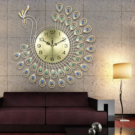 21inch Large 3D Wall Clock Watch Peacock 40pcs Diamonds Home Living room Bedroom Decorative Clock