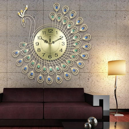 21inch large 3d wall clock watch peacock 40pcs diamonds home living room  bedroom decorative clock diameter