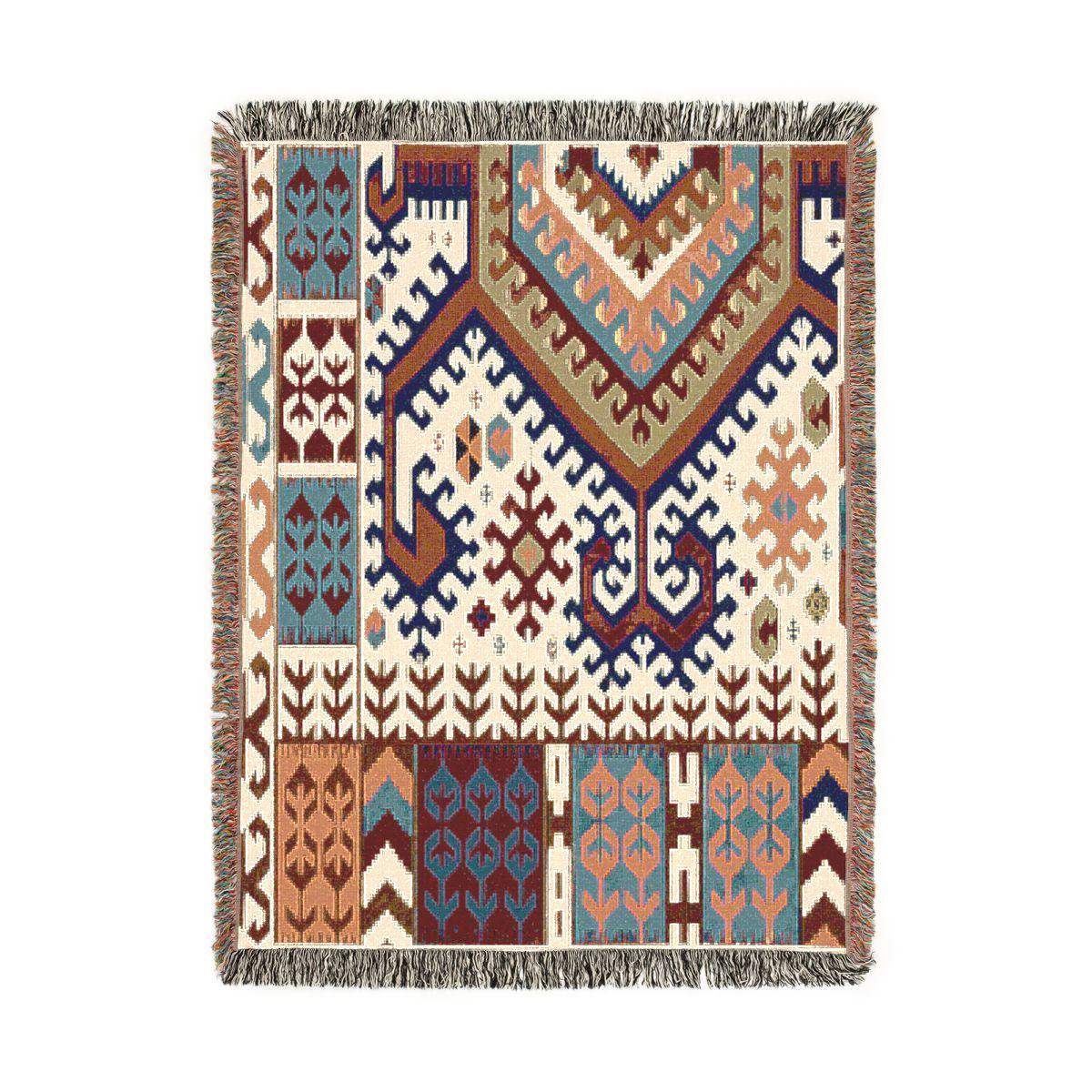 Red Navy Cream and Tan Geometric Medallion and Hooked Diamond Woven Blanket 100% Cotton for Sofa and Bed