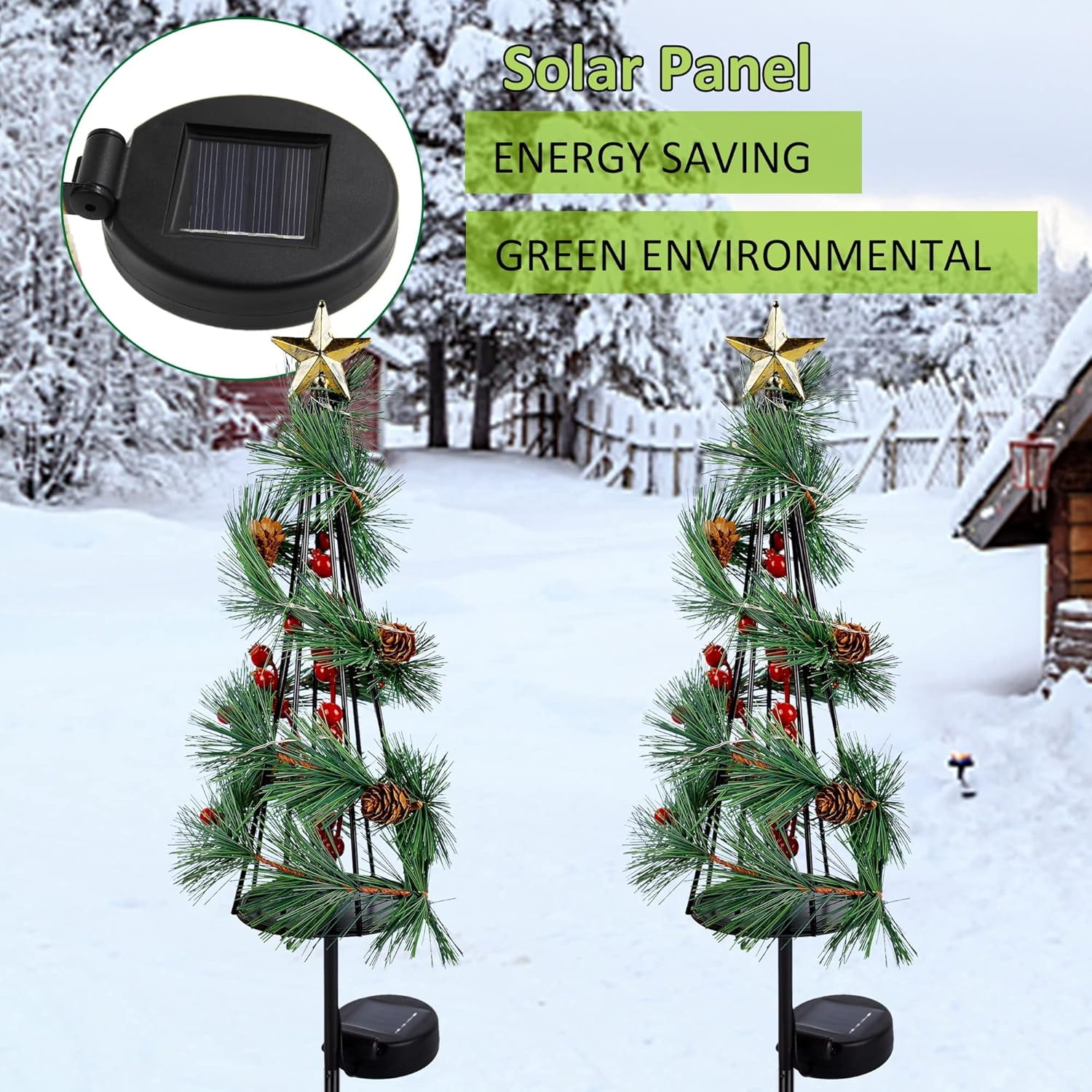 MAGGIFT Christmas Lighted Solar Stake Lights, Outdoor Solar Powered LED Xmas Tree Yard Signs with Star, Light Up Pathway Lights with Multicolor LED, Metal Tree Garden Stakes Lawn Ornament, Set of 2